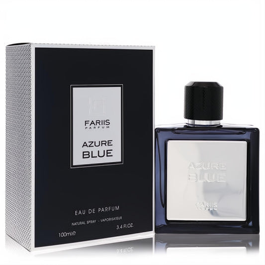 Fariis Azure Blue 3.4 oz men's Eau de Parfum. Sophisticated dark blue glass bottle with sleek silver label, black cap, and matching box.