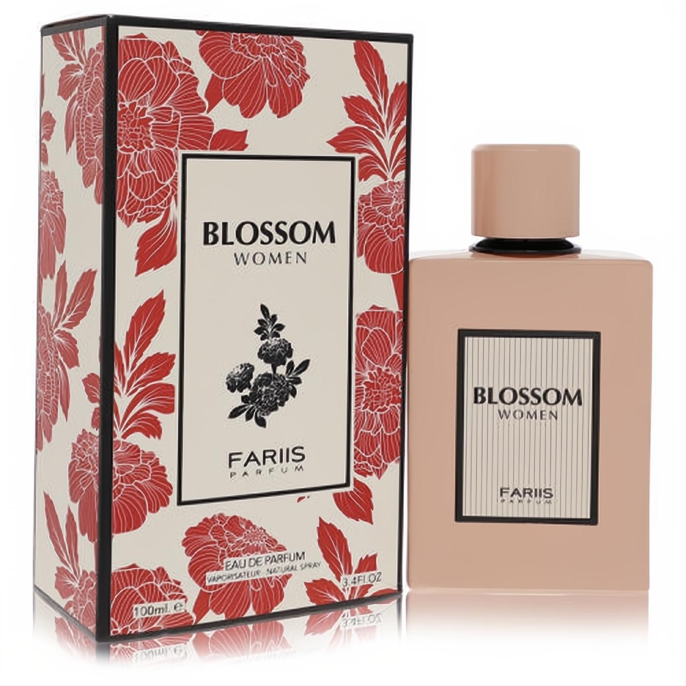 Fariis Blossom 3.4 oz Eau De Parfum. Elegant peach bottle and matching box with vibrant red floral design.