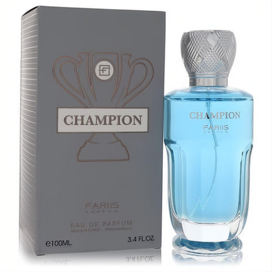 Fariis Champion 3.4 oz men's Eau De Parfum. Bold blue bottle, textured silver cap, and striking gray trophy box.