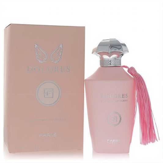 Fariis Dolores 3.4 oz pink Eau De Parfum spray bottle, featuring a sparkling silver cap and a vibrant pink tassel, with its elegant box.