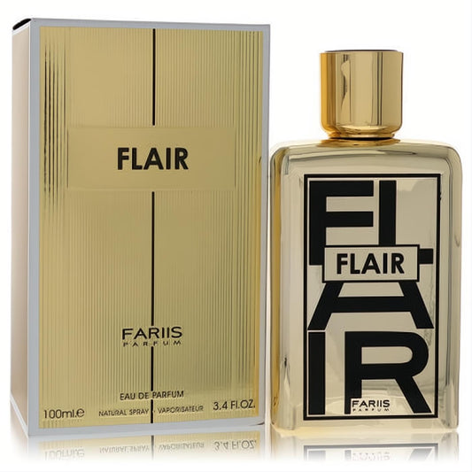 Luxurious gold Fariis Flair 3.4 oz Eau De Parfum spray. Sleek bottle with bold black "FLAIR" lettering and matching elegant box.