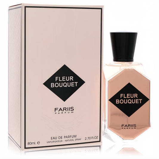 Fariis Fleur Bouquet 2.7 oz Eau De Parfum in a chic hexagonal nude bottle with black diamond label and matching pink box.