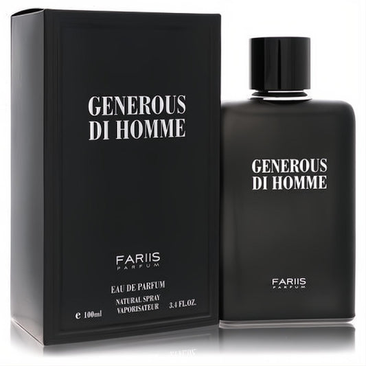 Fariis Generous Di Homme 3.4 oz men's EDP. Sleek matte black bottle with bold white text and elegant matching box.