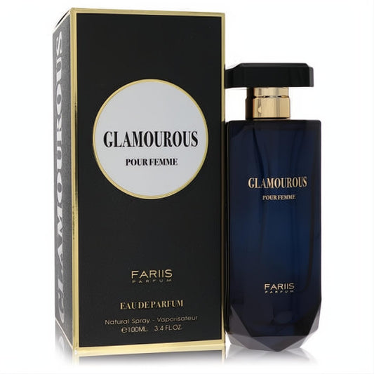Stunning Fariis Glamourous 3.4 oz Eau De Parfum. Luxurious dark blue faceted bottle with gold details and matching black box.