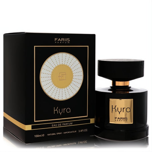 Luxurious Fariis Kyra Unisex Eau De Parfum spray, 3.4 oz. Sleek black bottle with gold accents and matching box.