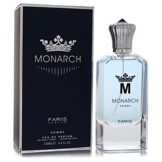 Fariis Monarch Homme 3.4 oz EDP. Elegant clear glass bottle, light blue scent, and luxurious silver crown cap.