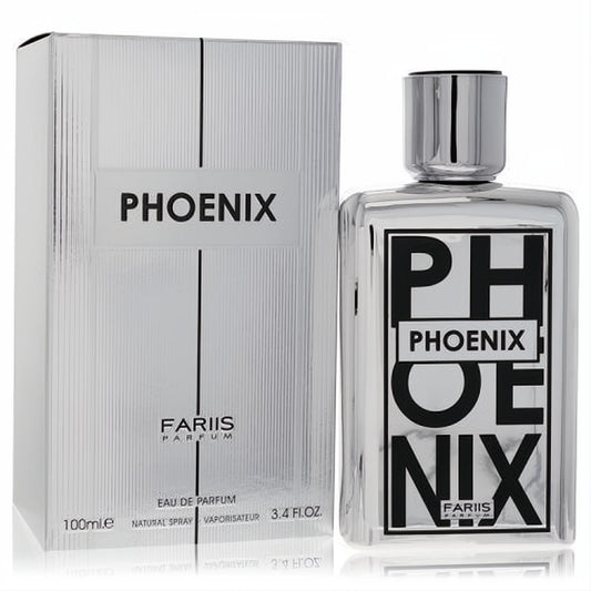 Elevate your style with Fariis Phoenix 3.4 oz Eau De Parfum for men. Sleek silver bottle and matching elegant box.