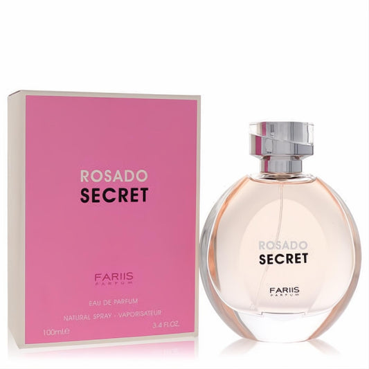 Fariis Rosado Secret Eau De Parfum 3.4 oz for women. Features a vibrant pink box and elegant clear bottle with a delicate rosado fragrance.