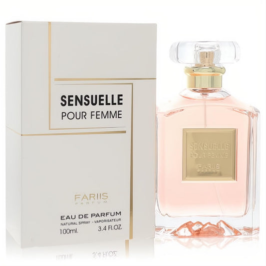 Fariis Sensuelle 3.4 oz women's EDP. Elegant pink perfume bottle with gold accents, clear cap, and unique sculpted glass base. White box.
