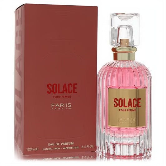Experience Fariis Solace 3.4 oz women's EDP. Pink fragrance in a clear ribbed glass bottle with gold label, displayed with its elegant terracotta box.