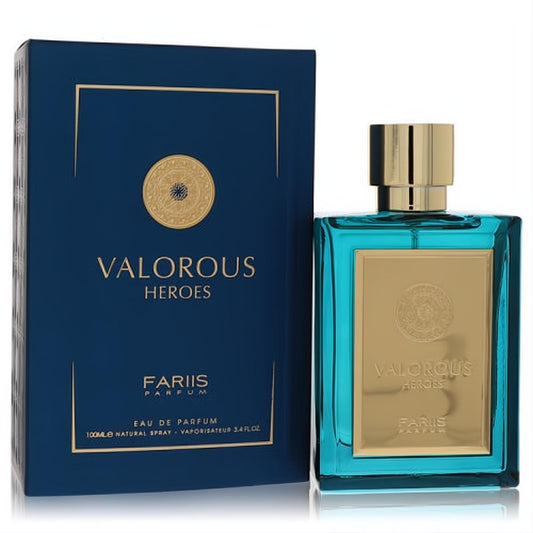 Fariis Valorous Heroes 3.4 oz men's EDP. Striking teal bottle with gold accents, cap, and a sophisticated navy blue box.