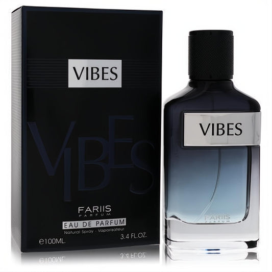 Experience Fariis Vibes 3.4 oz men's Eau De Parfum. Modern black-to-blue gradient bottle, silver label, and matching black box.