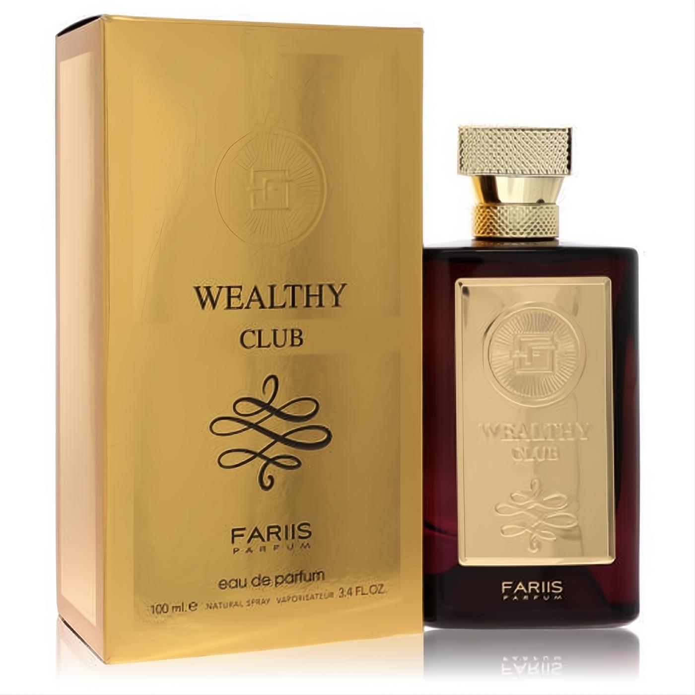 Luxurious Fariis Wealthy Club men's Eau De Parfum, 3.4 oz. Dark glass bottle with gold cap and label, next to a matching gold box.