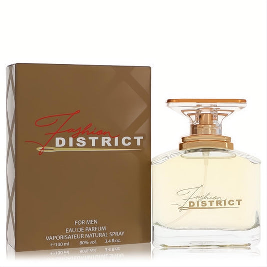 Fashion District Men's Eau De Parfum 3.4 oz. Luxurious clear glass bottle with amber liquid, gold cap, and elegant bronze box.