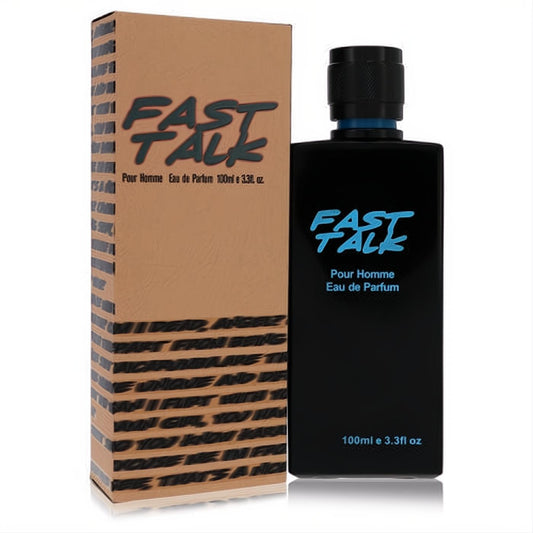 Bold Fast Talk Pour Homme 3.3 fl oz black EDP spray bottle with blue text, next to its elegant tan box.