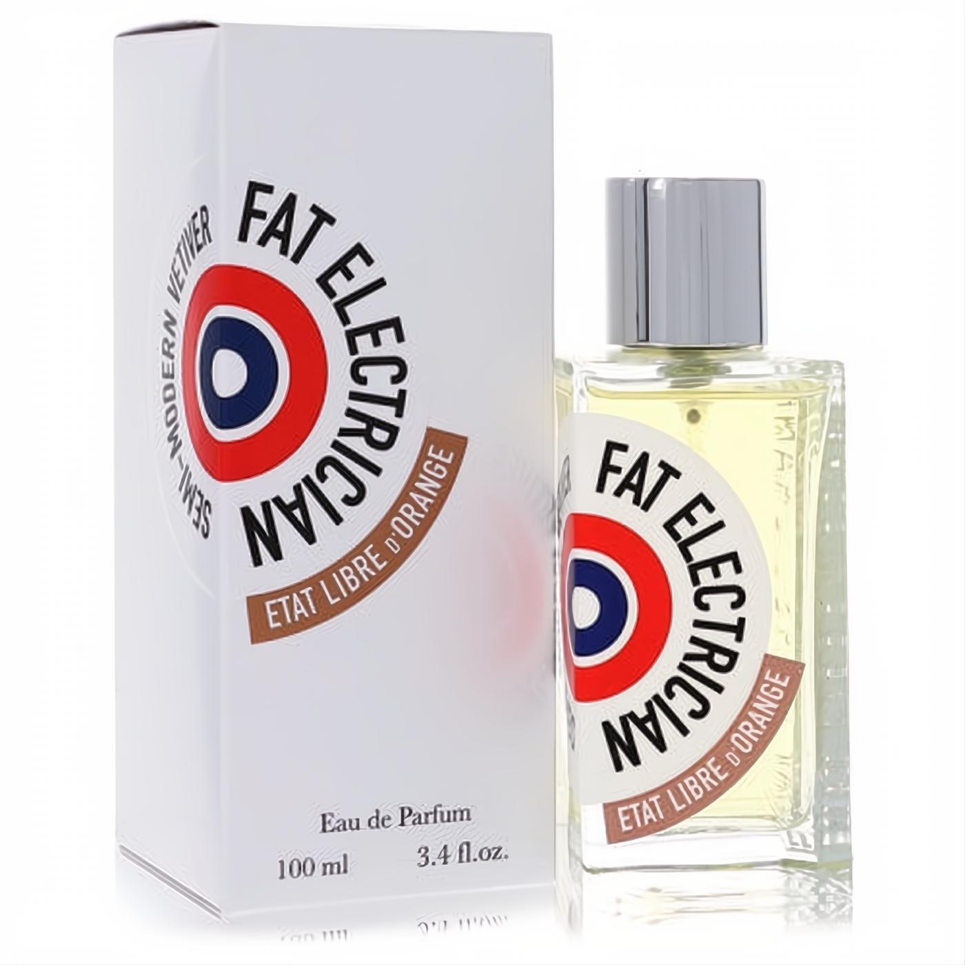 Fat Electrician Etat Libre D'orange 3.4 oz Eau de Parfum. Clear glass bottle with silver cap and vibrant logo, beside its crisp white box.