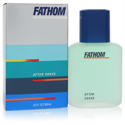 Fathom After Shave 3.4 oz. Frosted aqua bottle with a dark blue cap, presented with its iconic striped box.