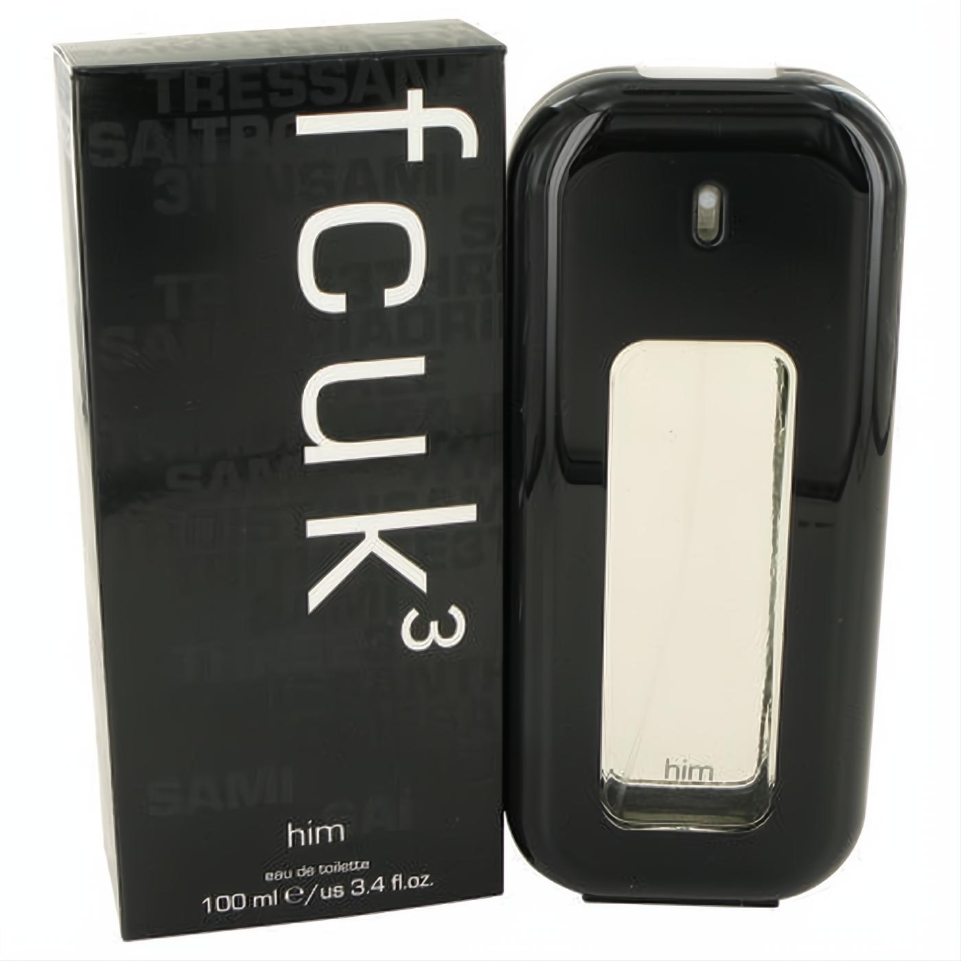 Fcuk 3 by French Connection 3.4 oz men's Eau De Toilette. Sleek glossy black bottle with silver 'him' panel and matching box.