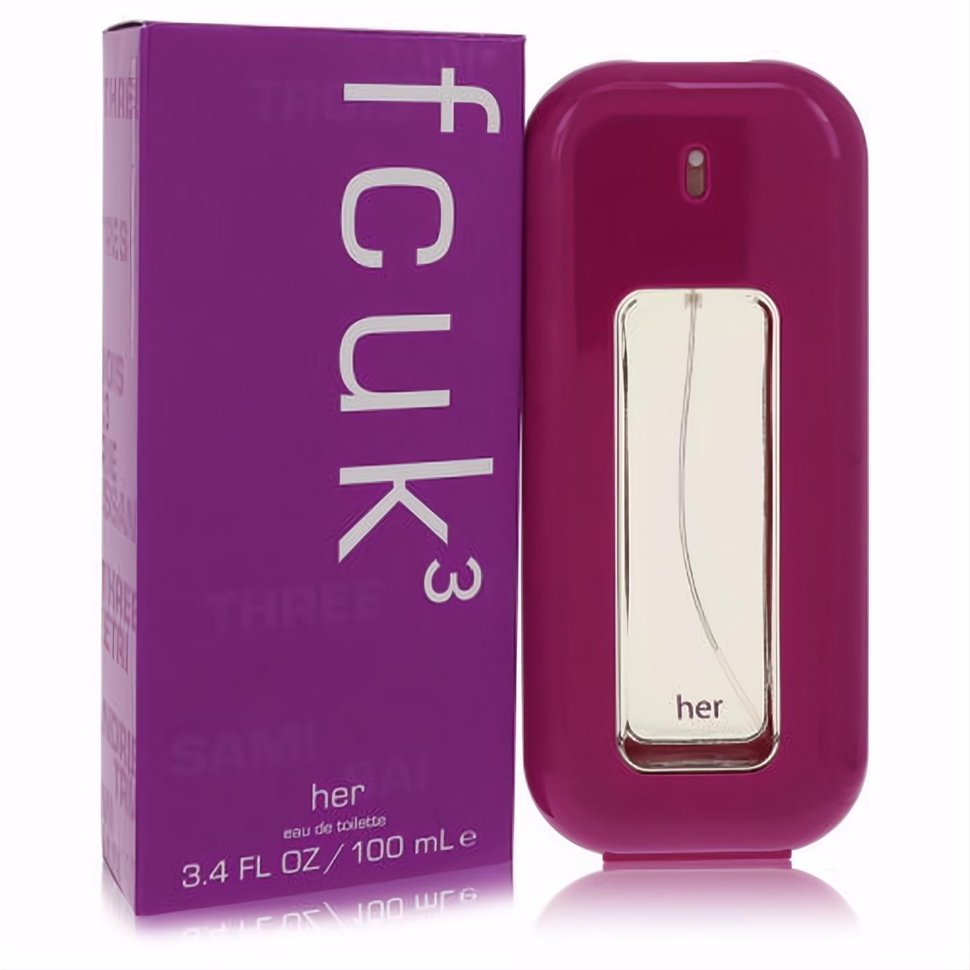 Fcuk 3 women's Eau De Toilette 3.4 oz. Striking magenta bottle with sleek silver detail, presented with its matching box.
