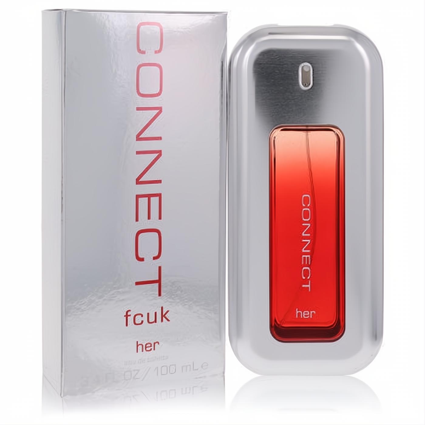 Discover Fcuk Connect for her, 3.4 oz. Stylish silver box and bold red metallic Eau De Toilette spray bottle.