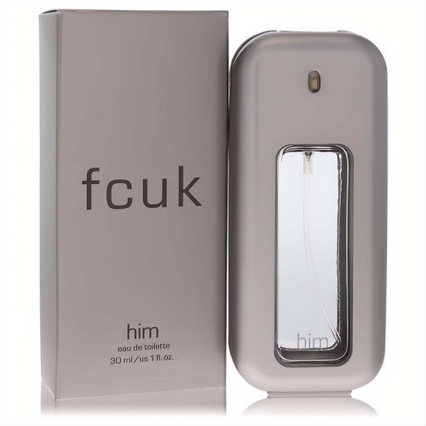 Sophisticated Fcuk Him 1 oz Eau de Toilette for men. Sleek silver-grey spray bottle with clear window, next to its matching box.