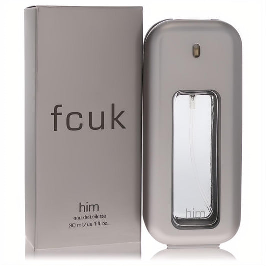 Sophisticated Fcuk Him 1 oz Eau de Toilette for men. Sleek silver-grey spray bottle with clear window, next to its matching box.
