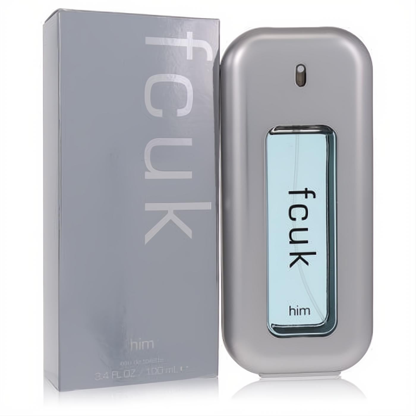 Sleek silver-grey Fcuk him Eau De Toilette 3.4 oz spray bottle with a blue window, displayed with its modern matching box.