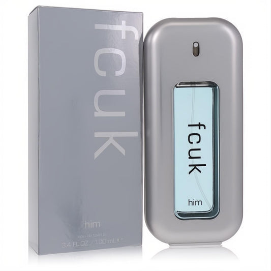 Sleek silver-grey Fcuk him Eau De Toilette 3.4 oz spray bottle with a blue window, displayed with its modern matching box.