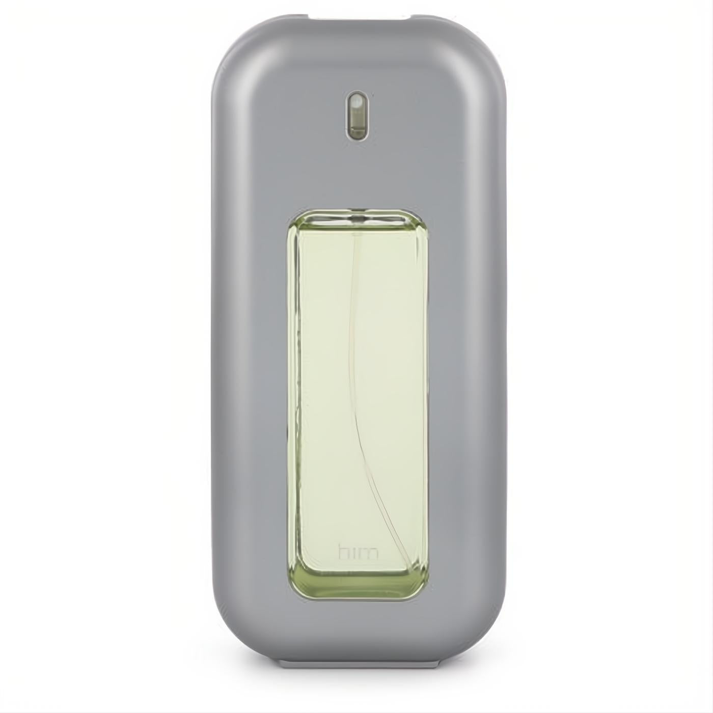 Sleek silver Fcuk Him Eau De Toilette spray bottle with a clear window revealing the vibrant green fragrance, perfect for daring men.