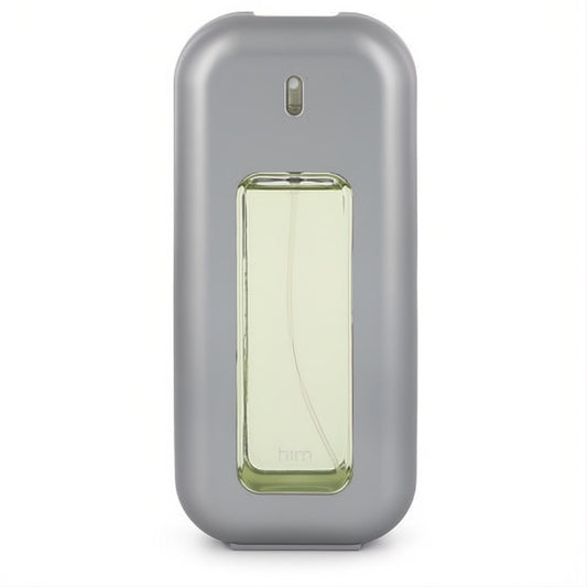 Sleek silver Fcuk Him Eau De Toilette spray bottle with a clear window revealing the vibrant green fragrance, perfect for daring men.