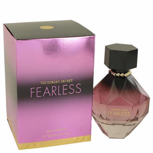 Stunning Victoria's Secret Fearless 3.4 oz EDP. Faceted ombre bottle, black cap, gold collar, and vibrant fuchsia box.