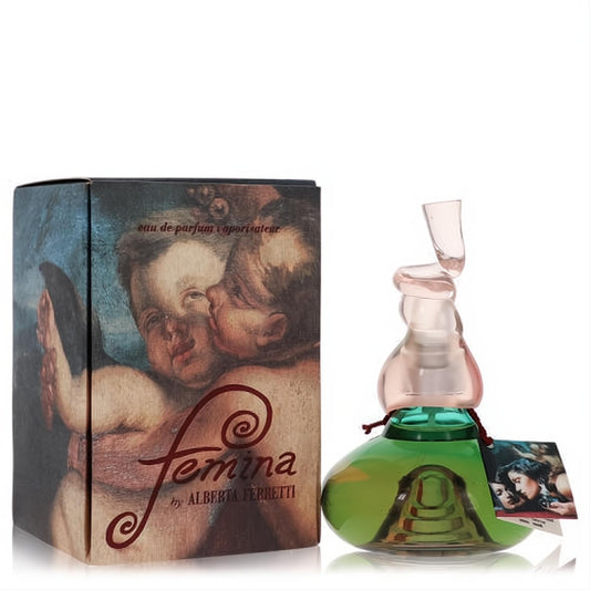Discover Femina by Alberta Ferretti 3.4 oz EDP. A captivating green glass bottle with a unique swirling pink cap, presented with its classical art box.