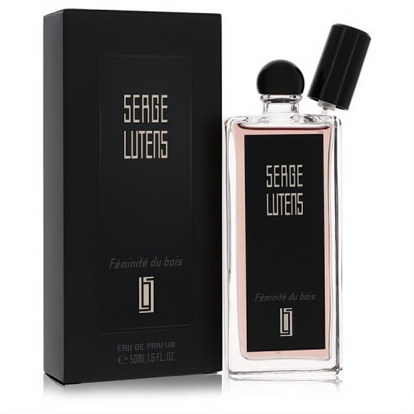 Serge Lutens Féminité du bois 1.6 fl oz unisex EDP spray. Clear glass bottle with black label, delicate pink fragrance, and sleek black box.