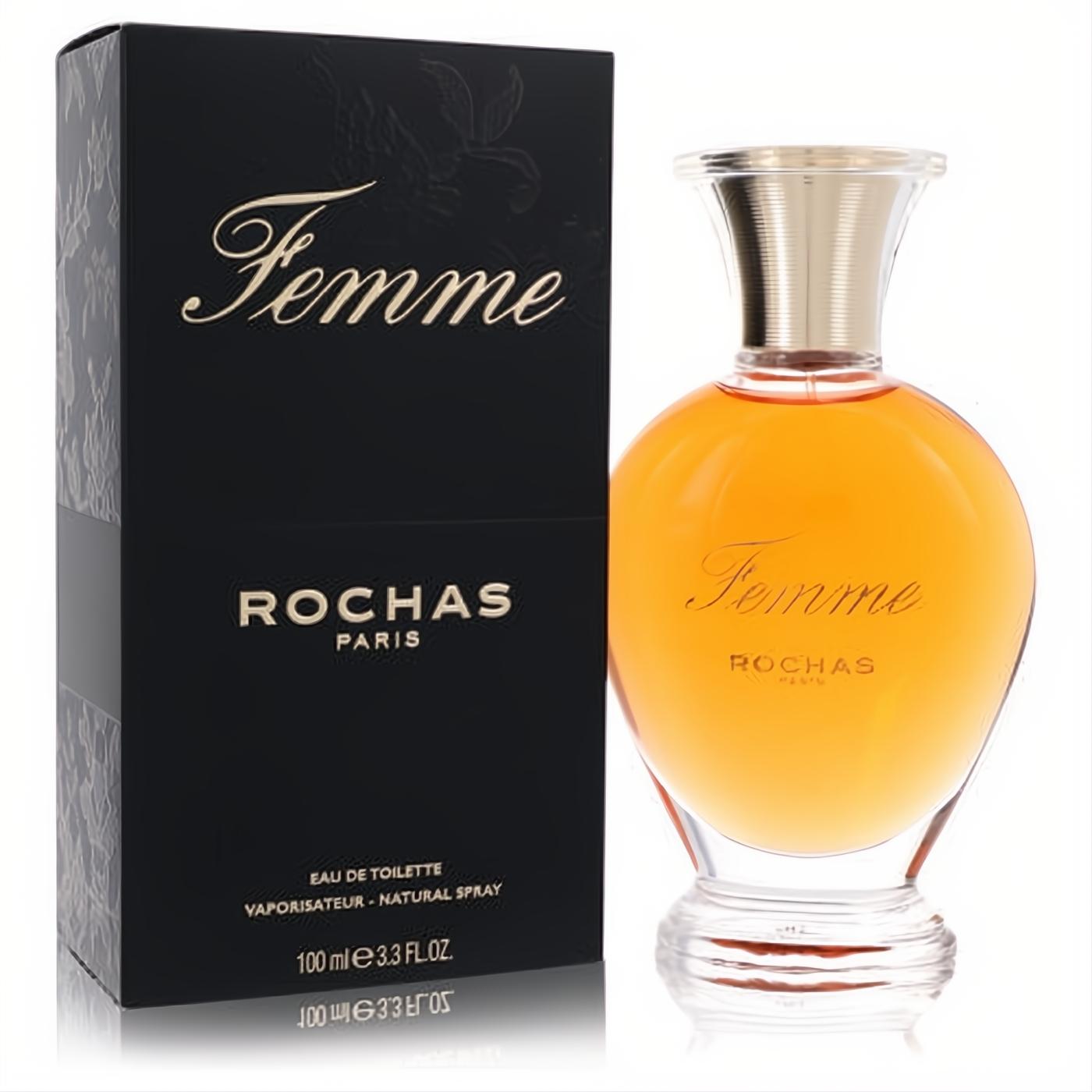 Luxurious Femme Rochas 3.4 oz Eau De Toilette. Amber fragrance in an elegant clear glass bottle with a gold cap and a sleek black box.