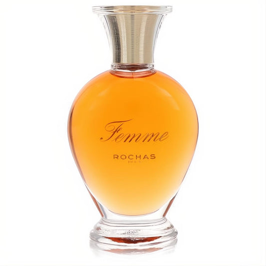 Elegant Femme Rochas 3.3 oz perfume bottle, featuring warm amber liquid and a luxurious gold ribbed cap.