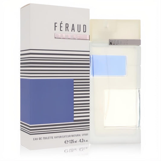 Feraud by Jean Feraud 4.2 oz Eau De Toilette spray for men. Sophisticated white box with blue and black stripes, sleek glass bottle.