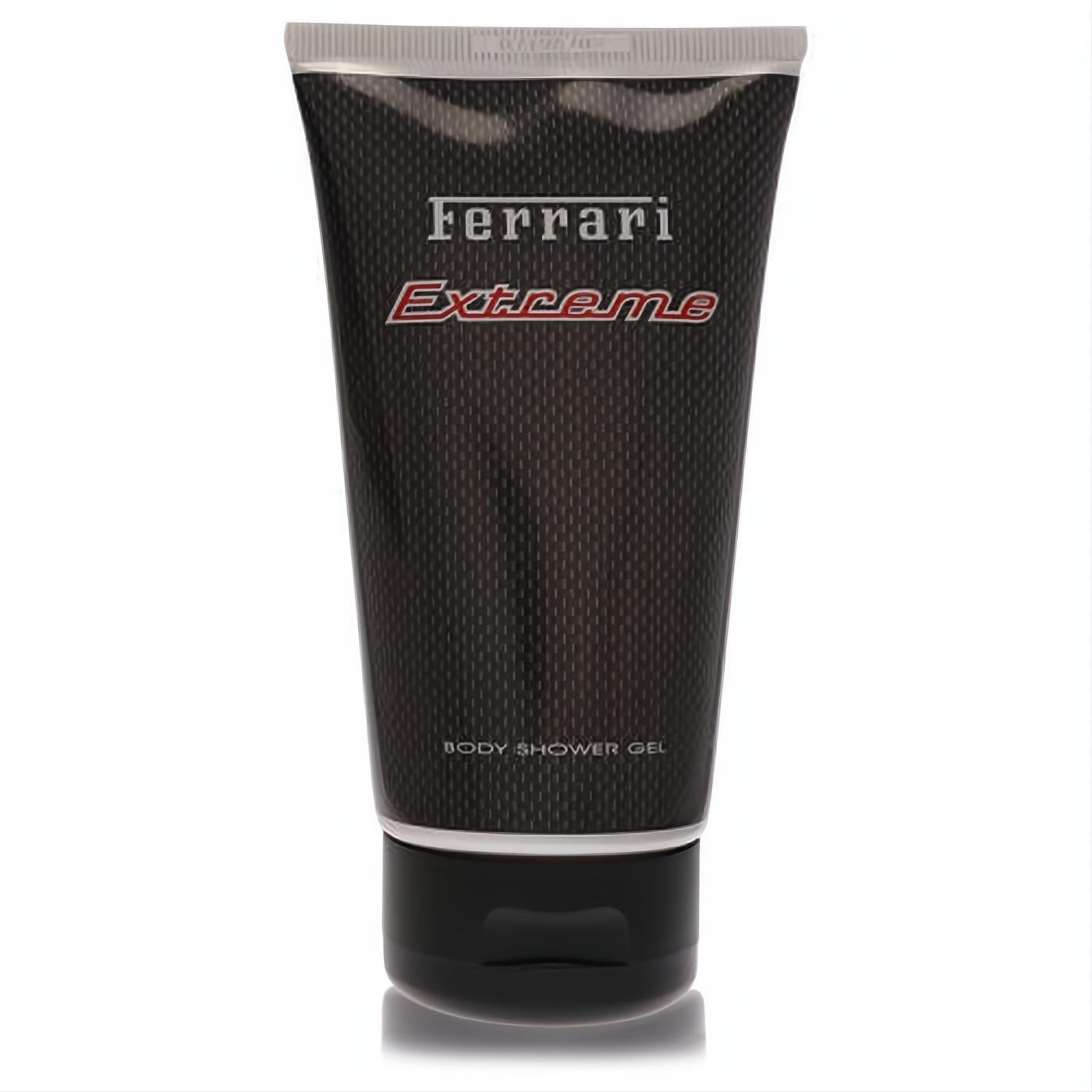 Ferrari Extreme 5 oz men's shower gel. Sleek black carbon fiber tube with bold red and white branding for a luxurious feel.