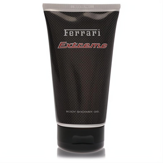 Ferrari Extreme 5 oz men's shower gel. Sleek black carbon fiber tube with bold red and white branding for a luxurious feel.
