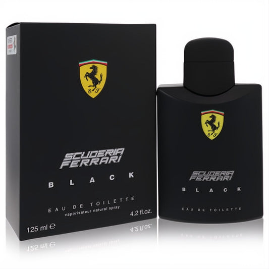 Sophisticated Ferrari Scuderia Black Eau De Toilette 4.2 oz for men. Elegant black bottle and box with the iconic Ferrari logo.