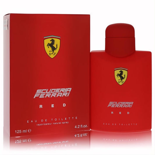 Bold red Ferrari Scuderia Red Eau De Toilette 4.2 oz spray, featuring the iconic prancing horse logo on a sleek bottle and matching box.