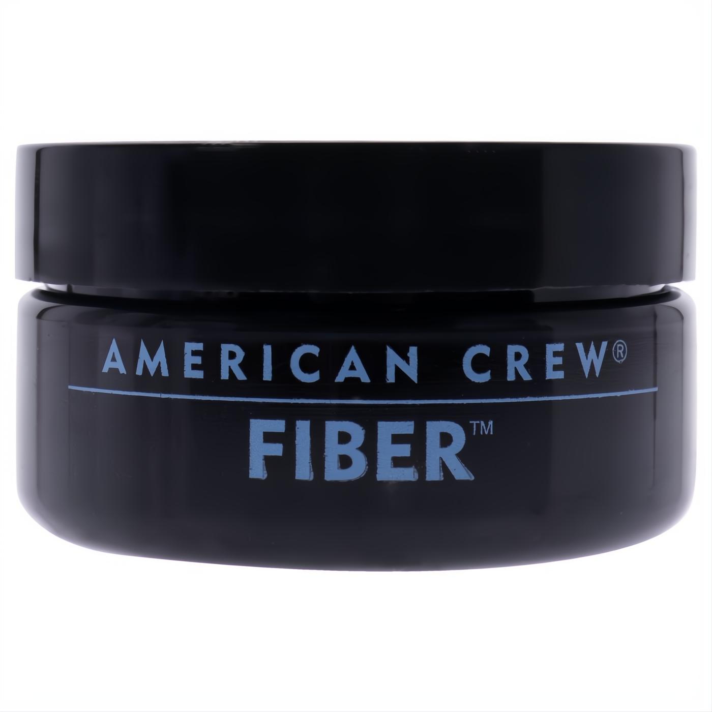 American Crew Fiber men's hair styling product in a sleek black plastic jar with iconic blue and white branding.