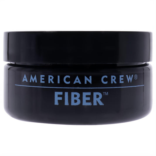 American Crew Fiber men's hair styling product in a sleek black plastic jar with iconic blue and white branding.