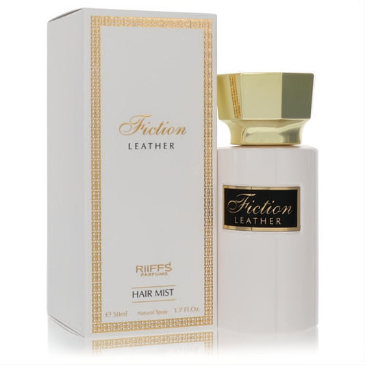 Elegant Riiffs Fiction Leather Hair Mist 1.7 oz, white bottle with striking gold faceted cap and matching box.