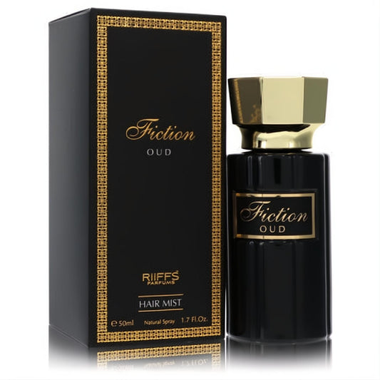 Sophisticated black Riiffs Fiction Oud Hair Mist 1.7 oz bottle and box, featuring elegant gold accents and cap.