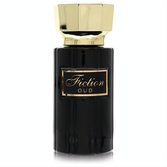Luxurious Riiffs Fiction Oud 1.7 oz women's hair mist. Black glass bottle with gold label and striking geometric gold cap.