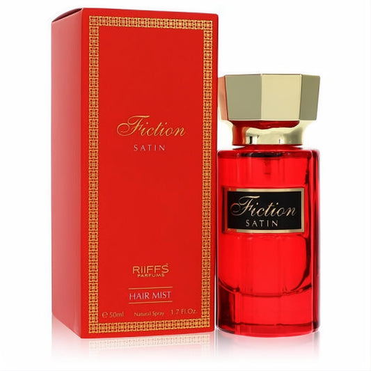 Luxurious red Fiction Satin Riiffs Hair Mist 1.7 oz bottle with a sleek gold cap and matching elegant box.