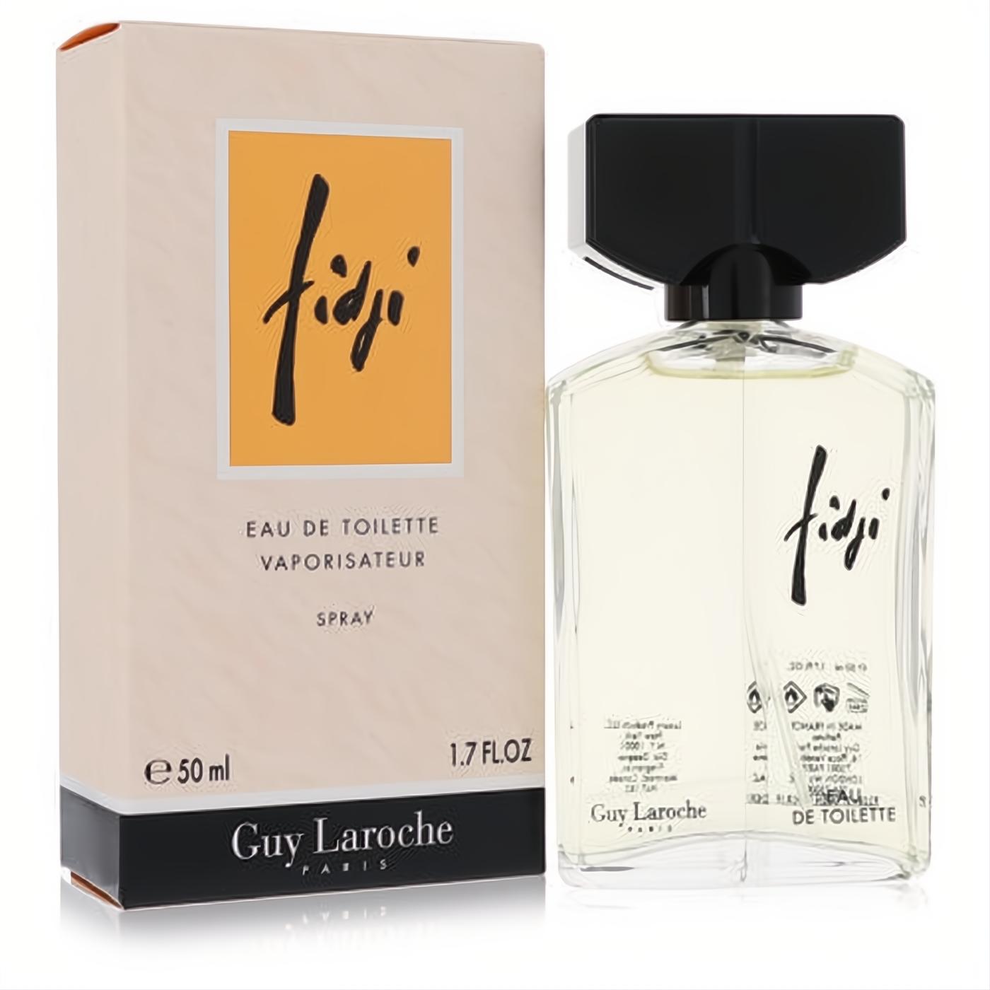Iconic Fidji by Guy Laroche 1.7 oz Eau De Toilette. Clear glass bottle with black cap and elegant beige box with orange logo.