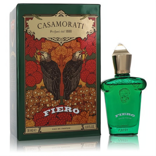 Xerjoff Fiero 1 oz men's Eau De Parfum: vibrant emerald green bottle with gold cap, next to its ornate box with eagles and floral design.