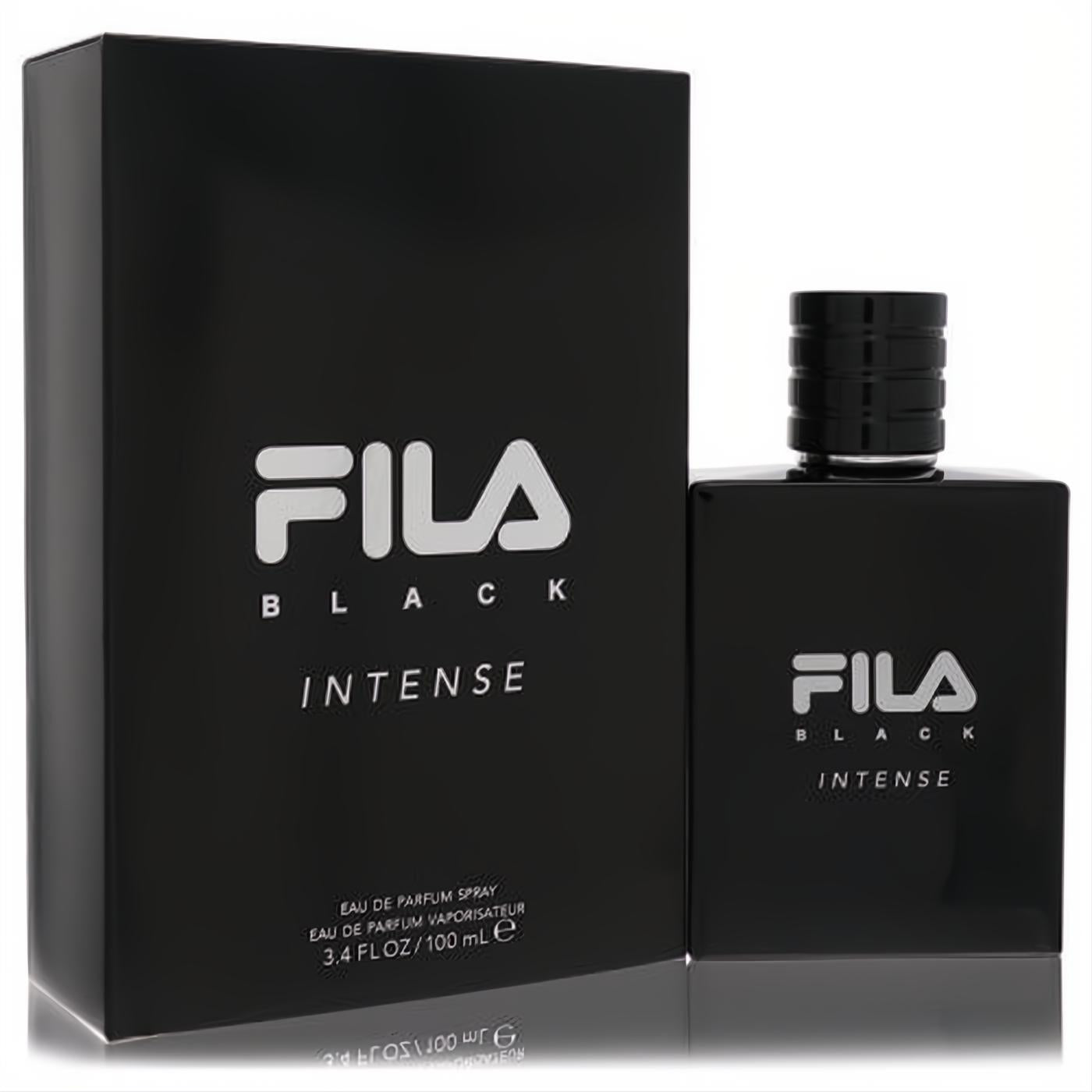 Experience Fila Black Intense 3.4 oz men's EDP. Bold black bottle & box, modern design, iconic white Fila branding.