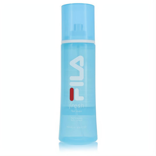 Vibrant Fila Fresh men's body spray, 8.4 oz, in a cool translucent blue bottle with bold white and red Fila branding.